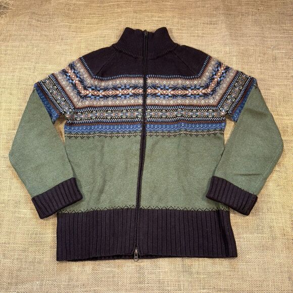 Eddie Bauer Womans Merino Wool/Cotton Full Zip Grn/Brn Fair Isle Sweater Size M - Picture 1 of 6